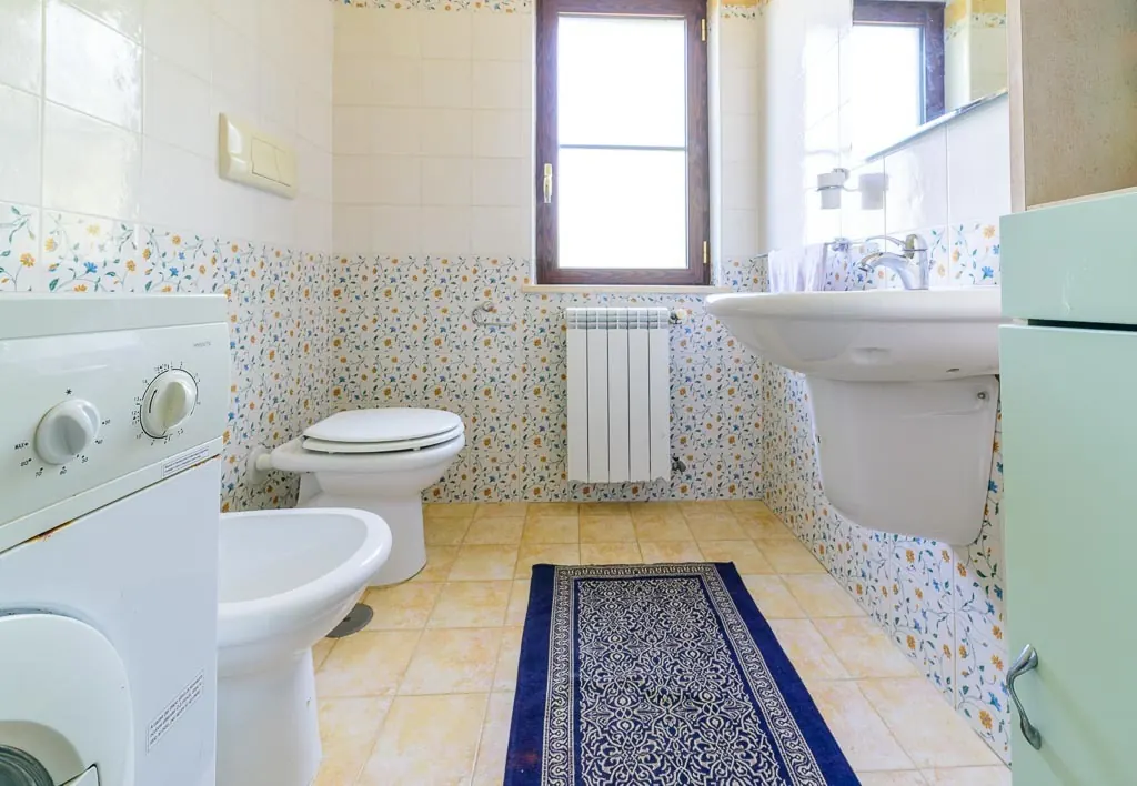 Bathroom with laundry: bathroom with laundry area and floral majolica at Villa MaLuGio, Casal Velino Cilento